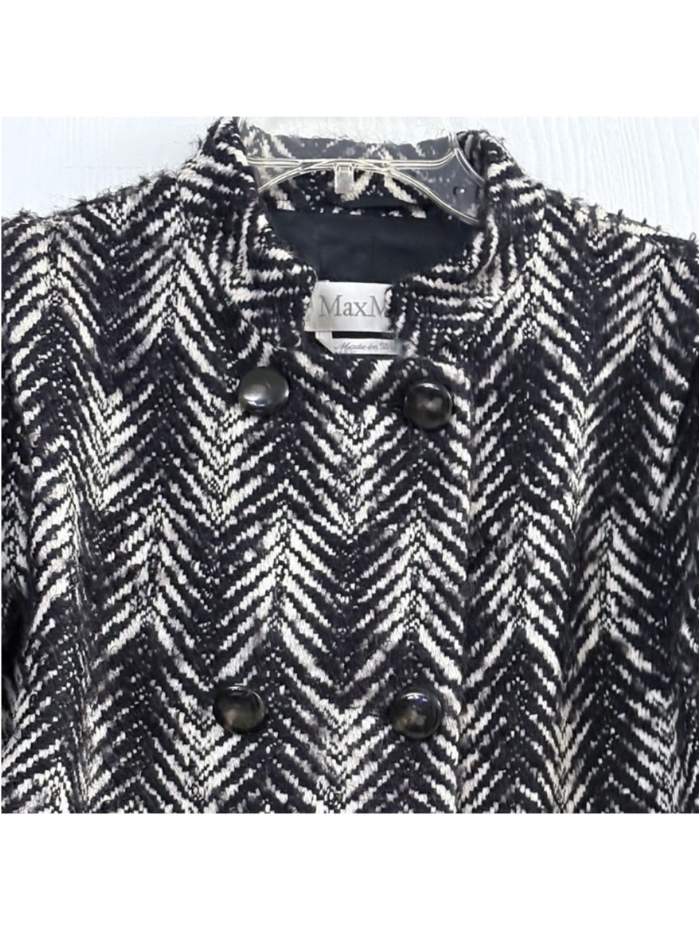 MaxMara Black/White Chevron Double-Breasted Wool Blend Textured Peacoat Size 8 - Picture 3 of 10